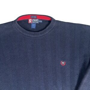 Vintage Chaps Ralph Lauren Hand Framed Knit Sweater Herringbone Blue Red Trim XL